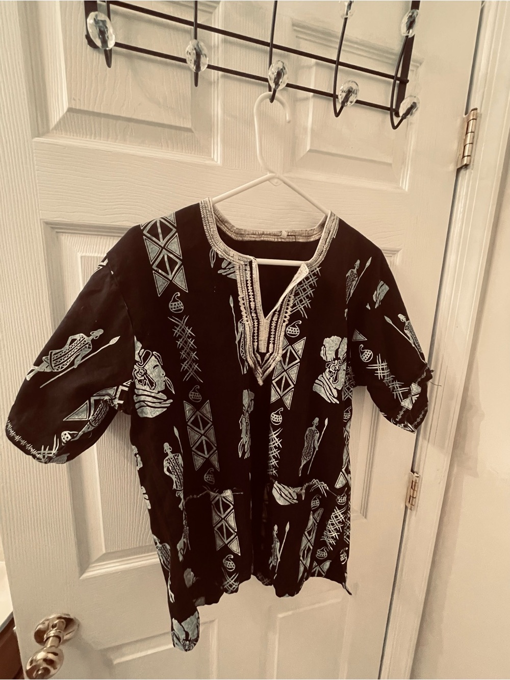 African Dress Shirt - Black & White Patterned - Mens - Short Sleeve Top - Small